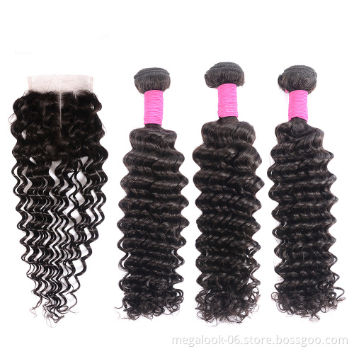 Grade 8A Mink Peruvian Remy Virgin Hair Bundles Deep Wave Weft With Middle Part Deep Wave Lace Closure